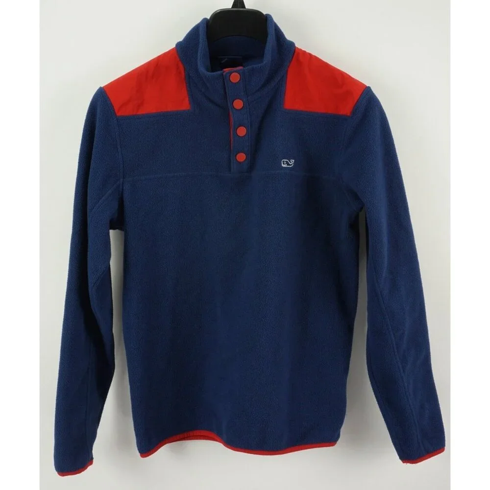 Vineyard Vines Mens Small Blue Red Colorblock Fleece Snap Pullover Whale Sweater